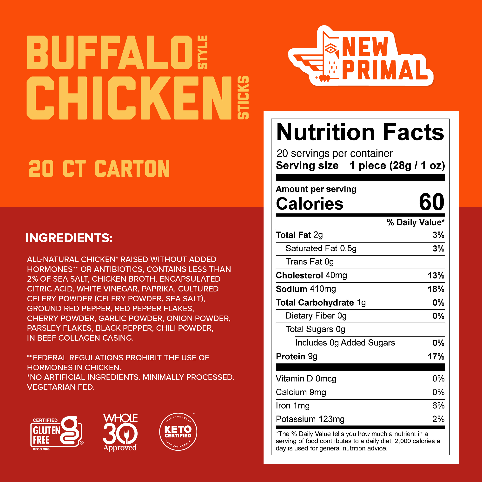 Buffalo Style Chicken Meat Sticks, All-Natural Chicken, Zero Sugar (20 Sticks)