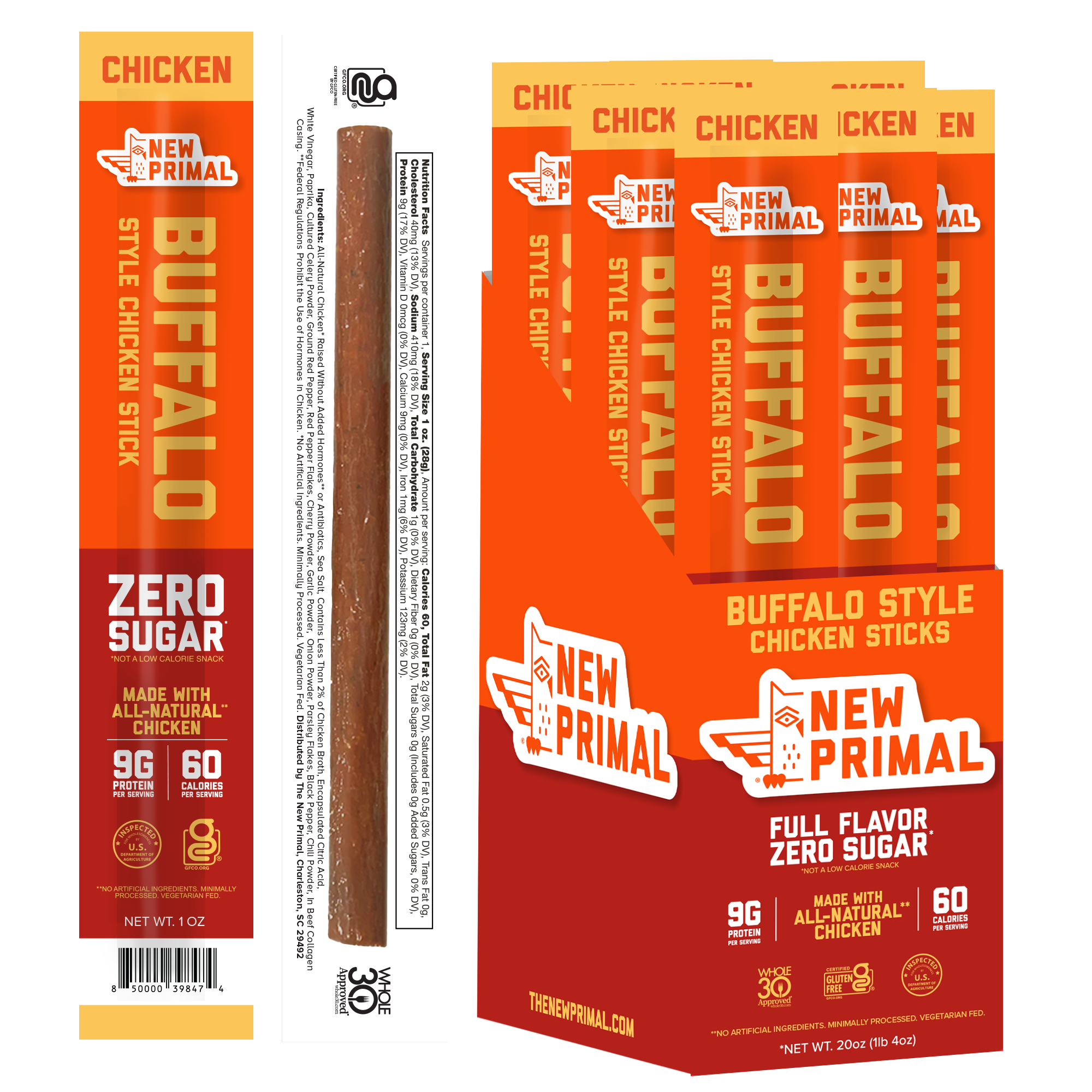 Buffalo Style Chicken Meat Sticks, All-Natural Chicken, Zero Sugar (20 Sticks)