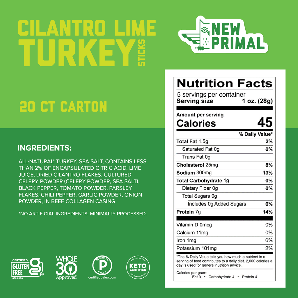 Cilantro Lime Turkey Meat Sticks, All-Natural Turkey, Zero Sugar (20 Sticks)