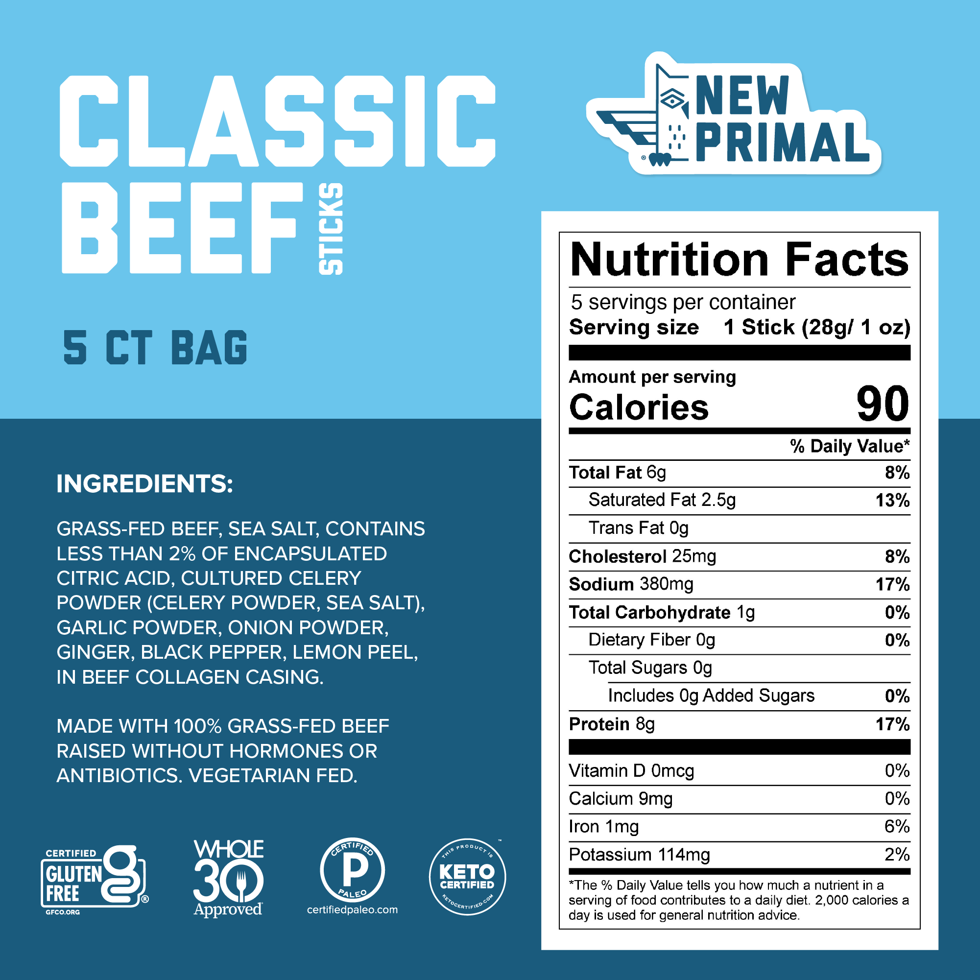 Classic Beef Meat Sticks, 100% Grass-Fed Beef, Zero Sugar (5 Sticks)