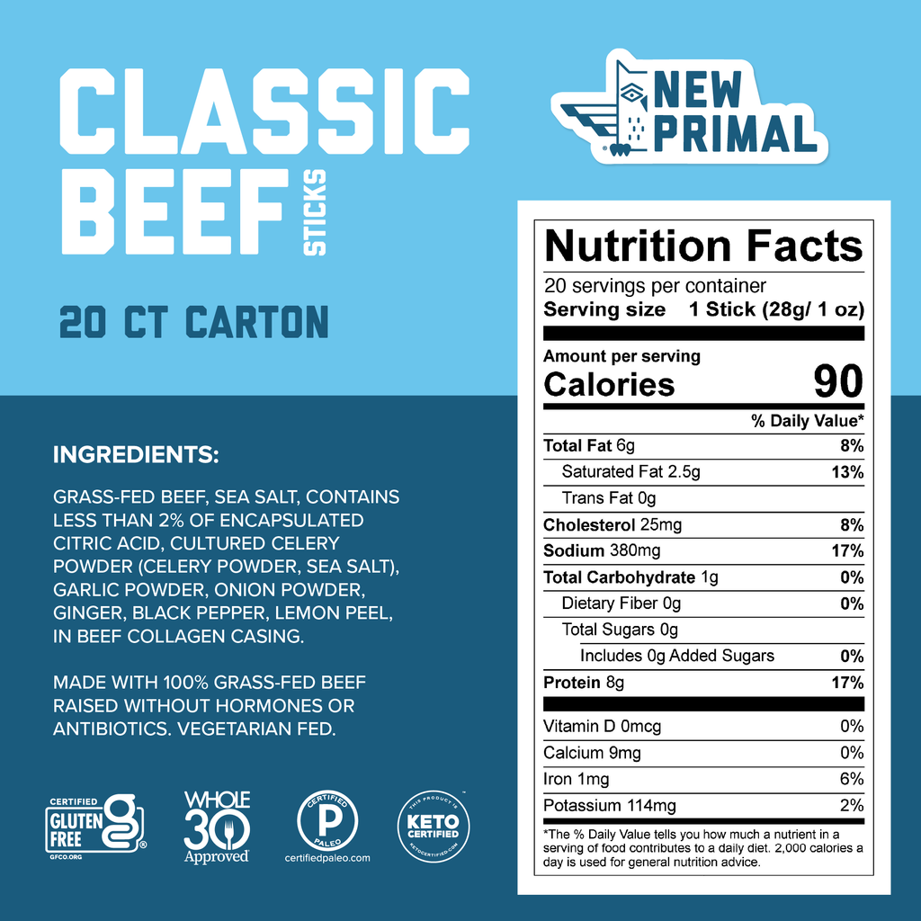 Classic Beef Meat Sticks, 100% Grass-Fed Beef, Zero Sugar (20 Sticks)