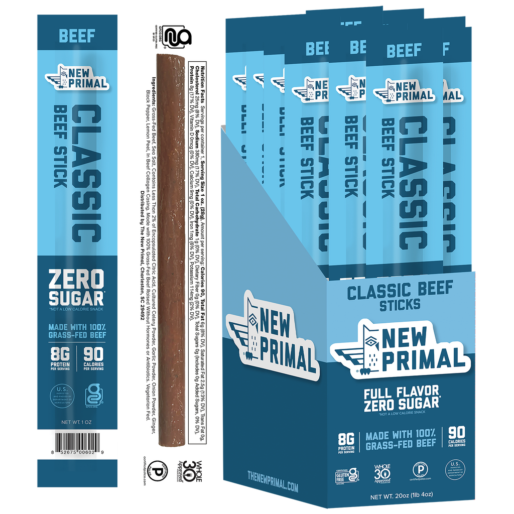 Classic Beef Meat Sticks, 100% Grass-Fed Beef, Zero Sugar (20 Sticks)