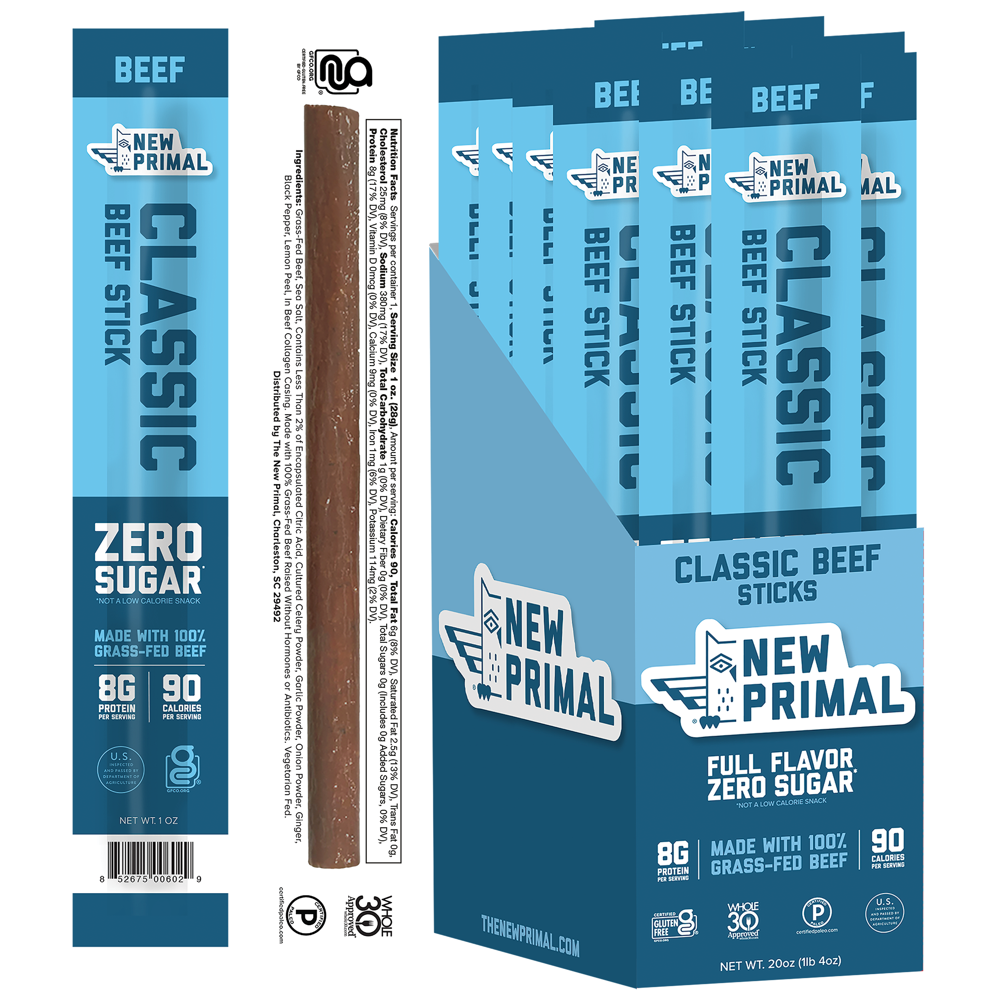 Classic Beef Meat Sticks, 100% Grass-Fed Beef, Zero Sugar (20 Sticks)