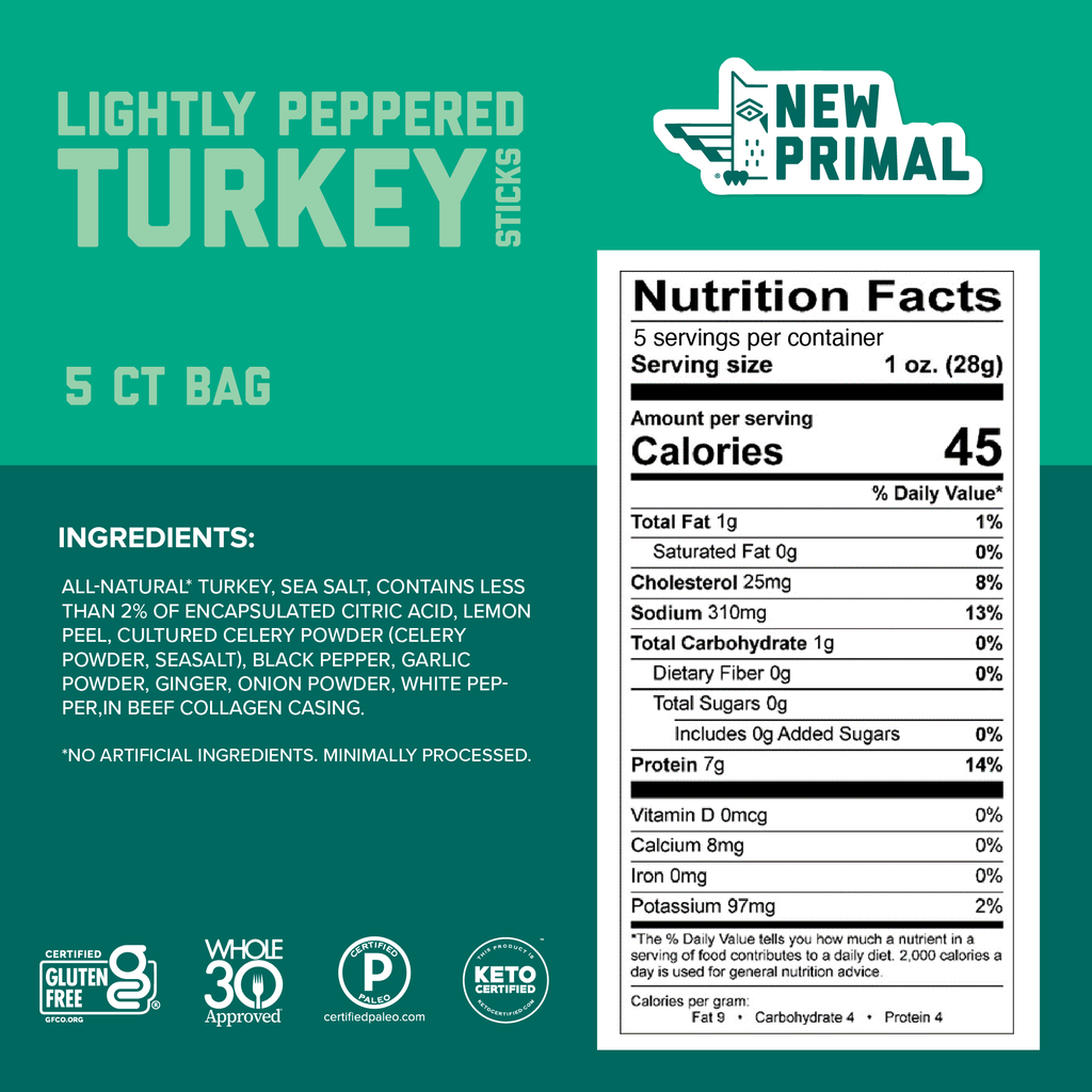 Lightly Peppered Turkey Meat Sticks, All-Natural Turkey, Zero Sugar (5 Sticks)