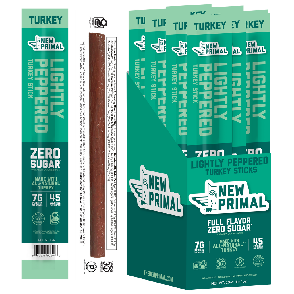 Lightly Peppered Turkey Meat Sticks, All-Natural Turkey, Zero Sugar (20 Sticks)
