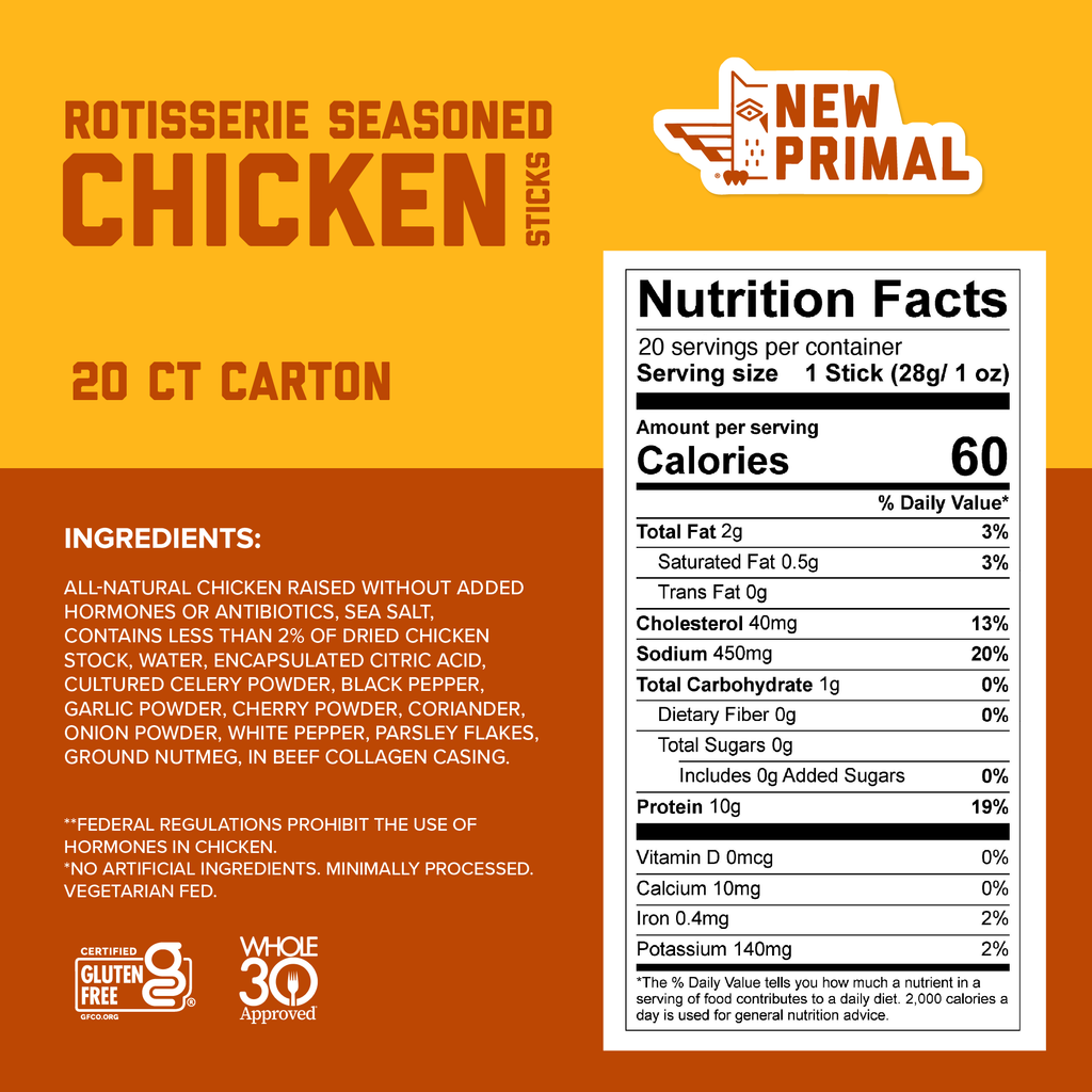 Rotisserie Seasoned Chicken Meat Sticks, All-Natural Chicken, Zero Sugar (20 Sticks)