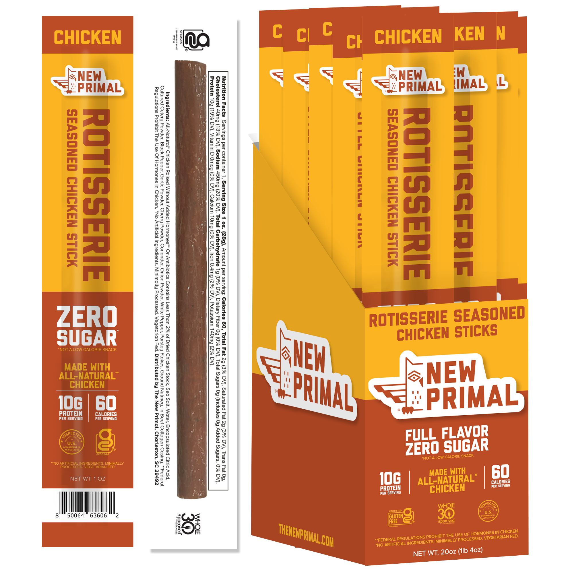 Rotisserie Seasoned Chicken Meat Sticks, All-Natural Chicken, Zero Sugar (20 Sticks)