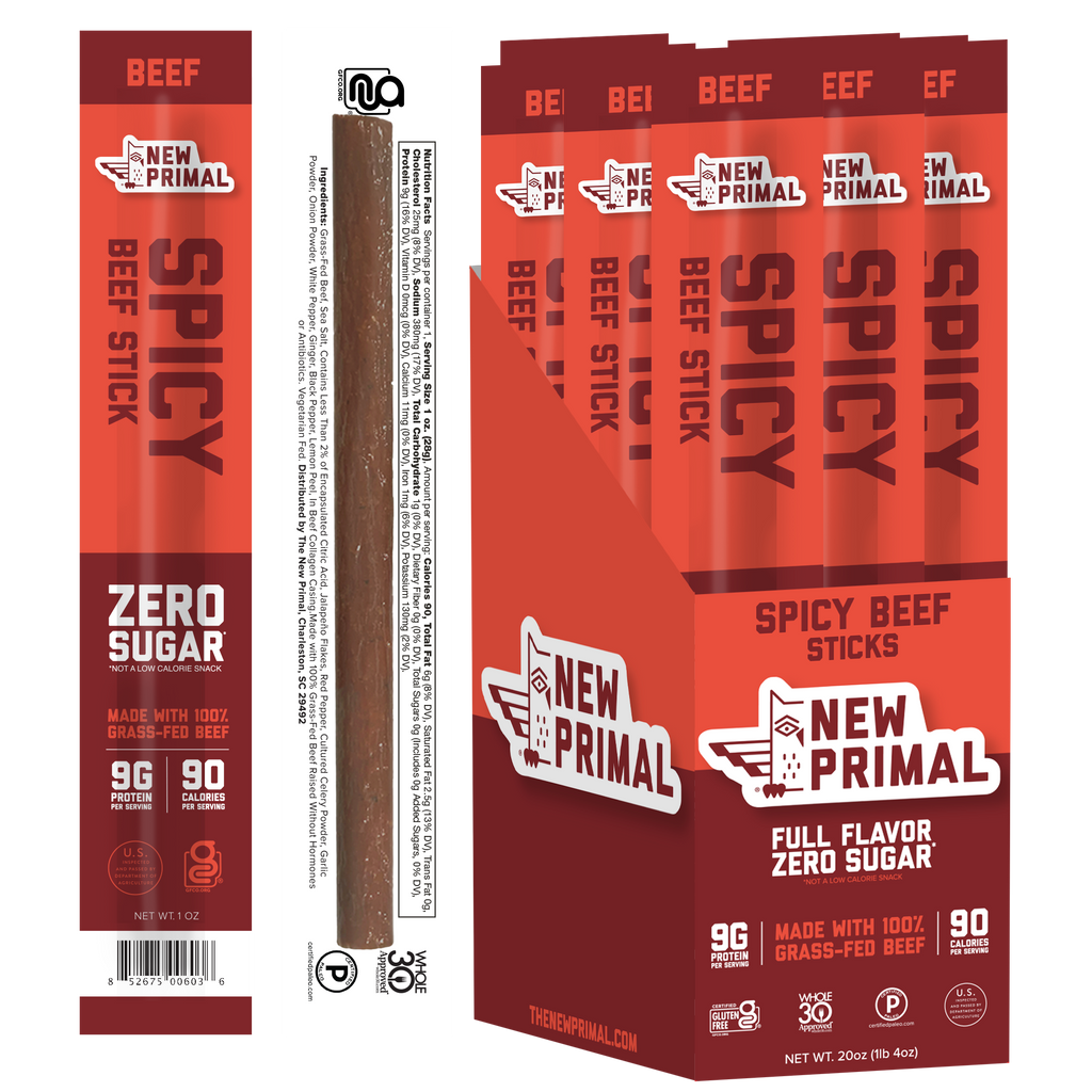Spicy Beef Meat Sticks, 100% Grass-Fed Beef, Zero Sugar (20 Sticks)