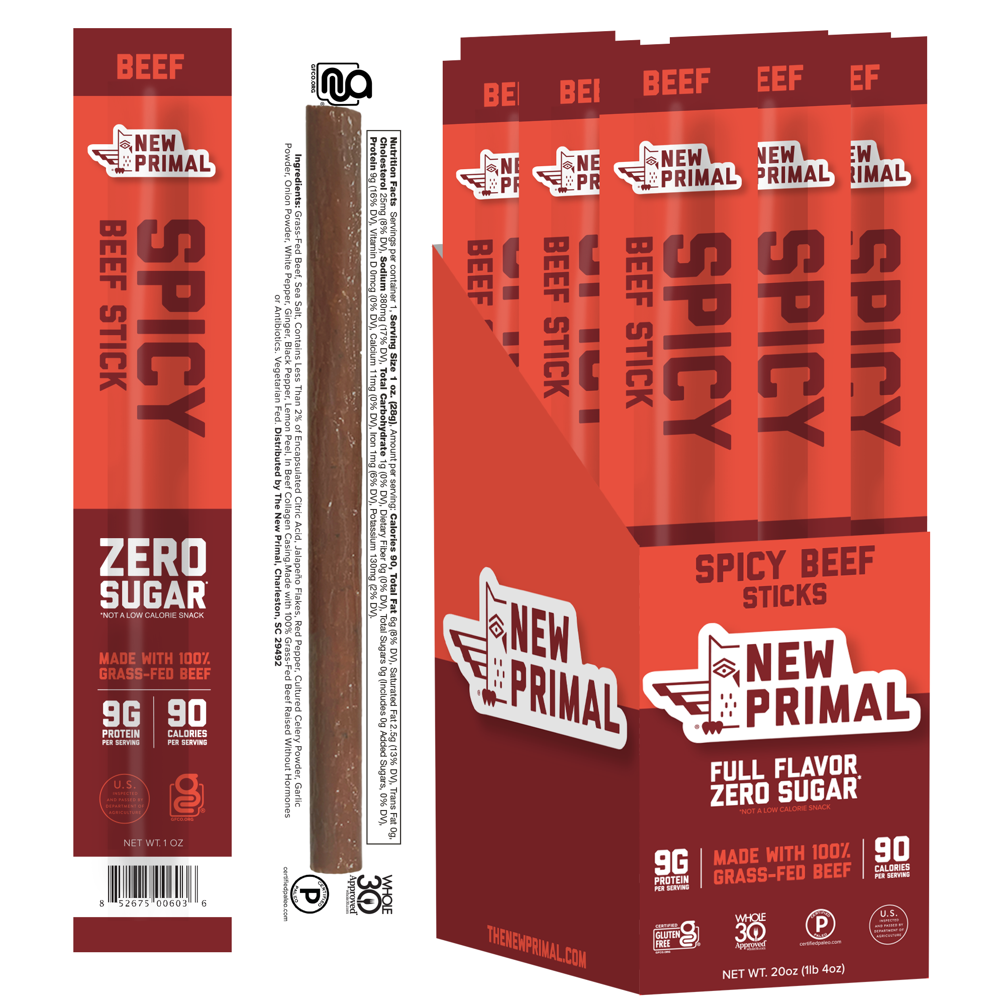 Spicy Beef Meat Sticks, 100% Grass-Fed Beef, Zero Sugar (20 Sticks)