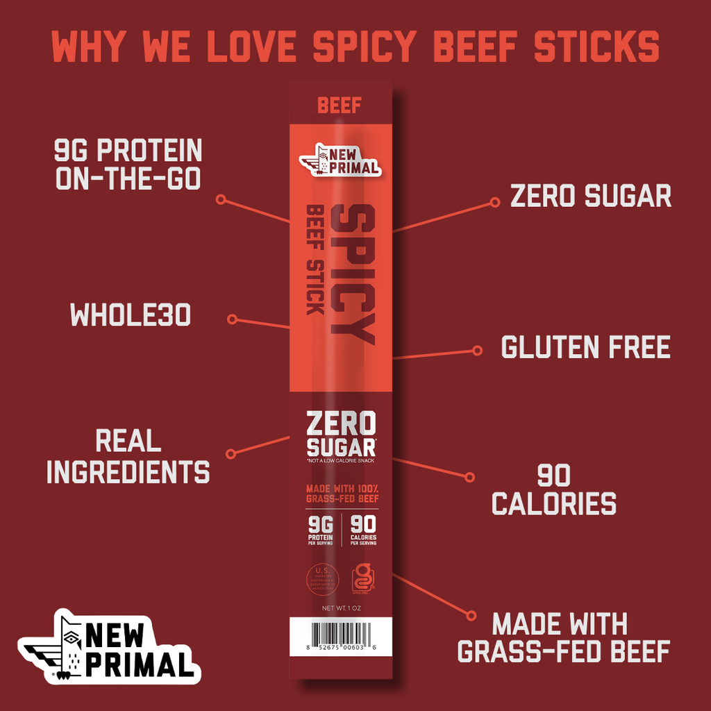 Spicy Beef Meat Sticks, 100% Grass-Fed Beef, Zero Sugar (20 Sticks)